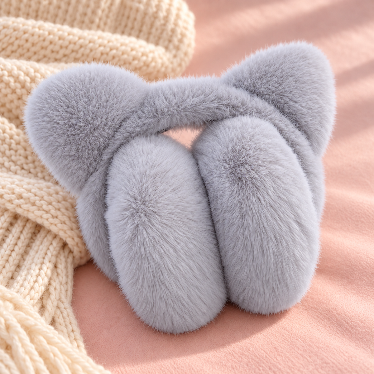 Grey cat-ear earmuffs on blush pink beside a cream scarf