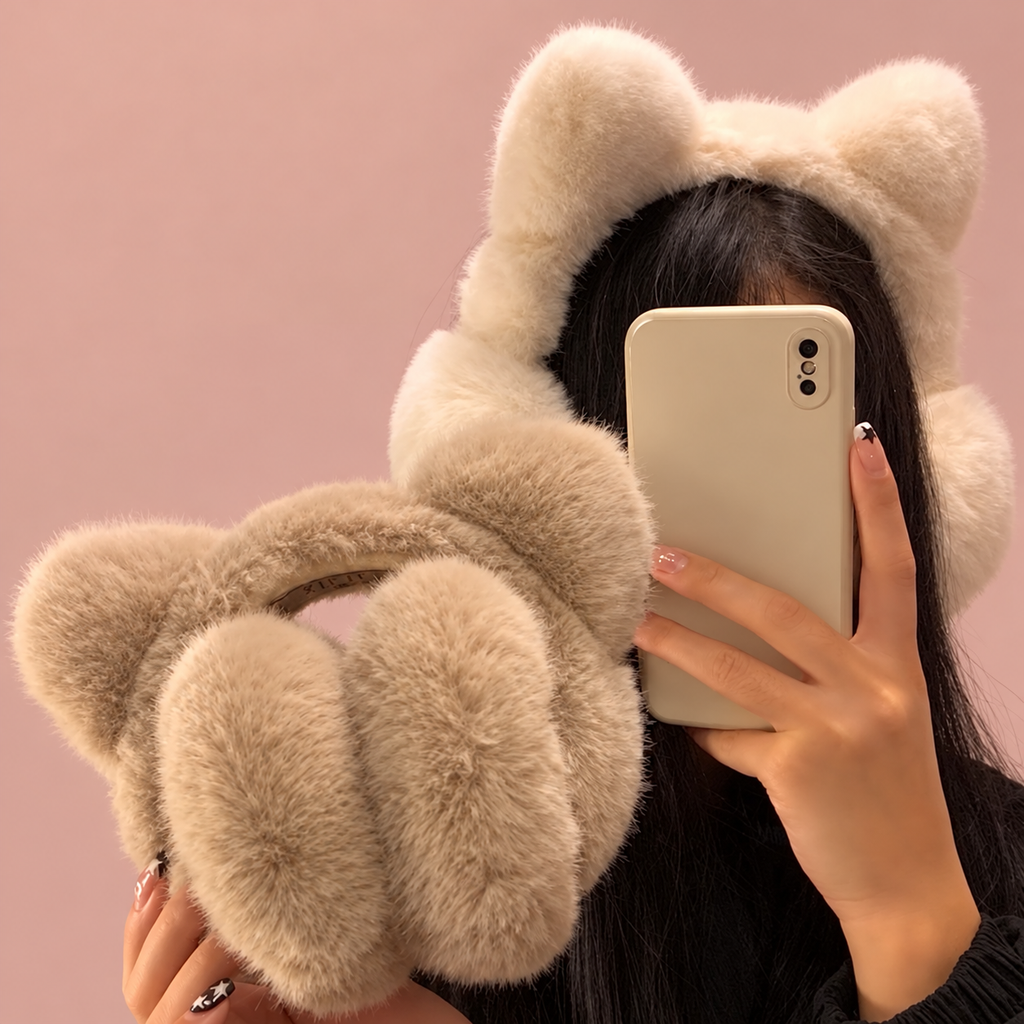 Beige cat-ear earmuffs worn with khaki pair held