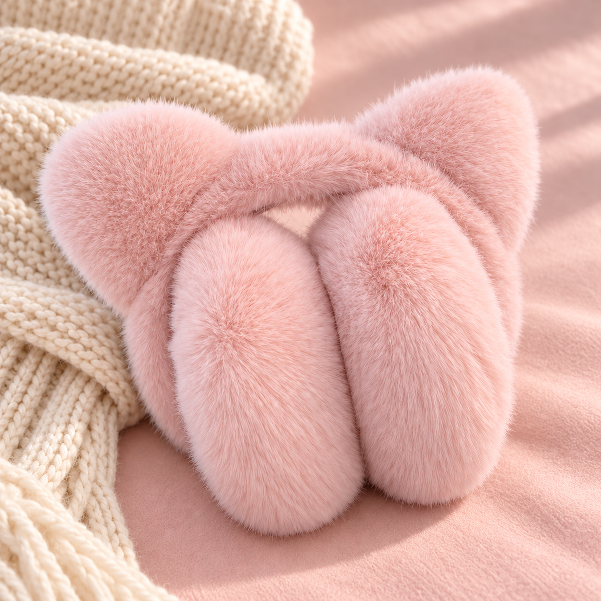 Pink cat-ear earmuffs on blush pink beside a cream scarf